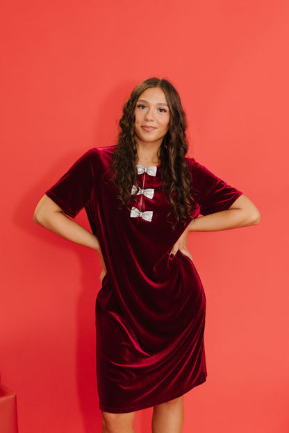 THE BELLE VELVET SHIFT DRESS IN BURGUNDY