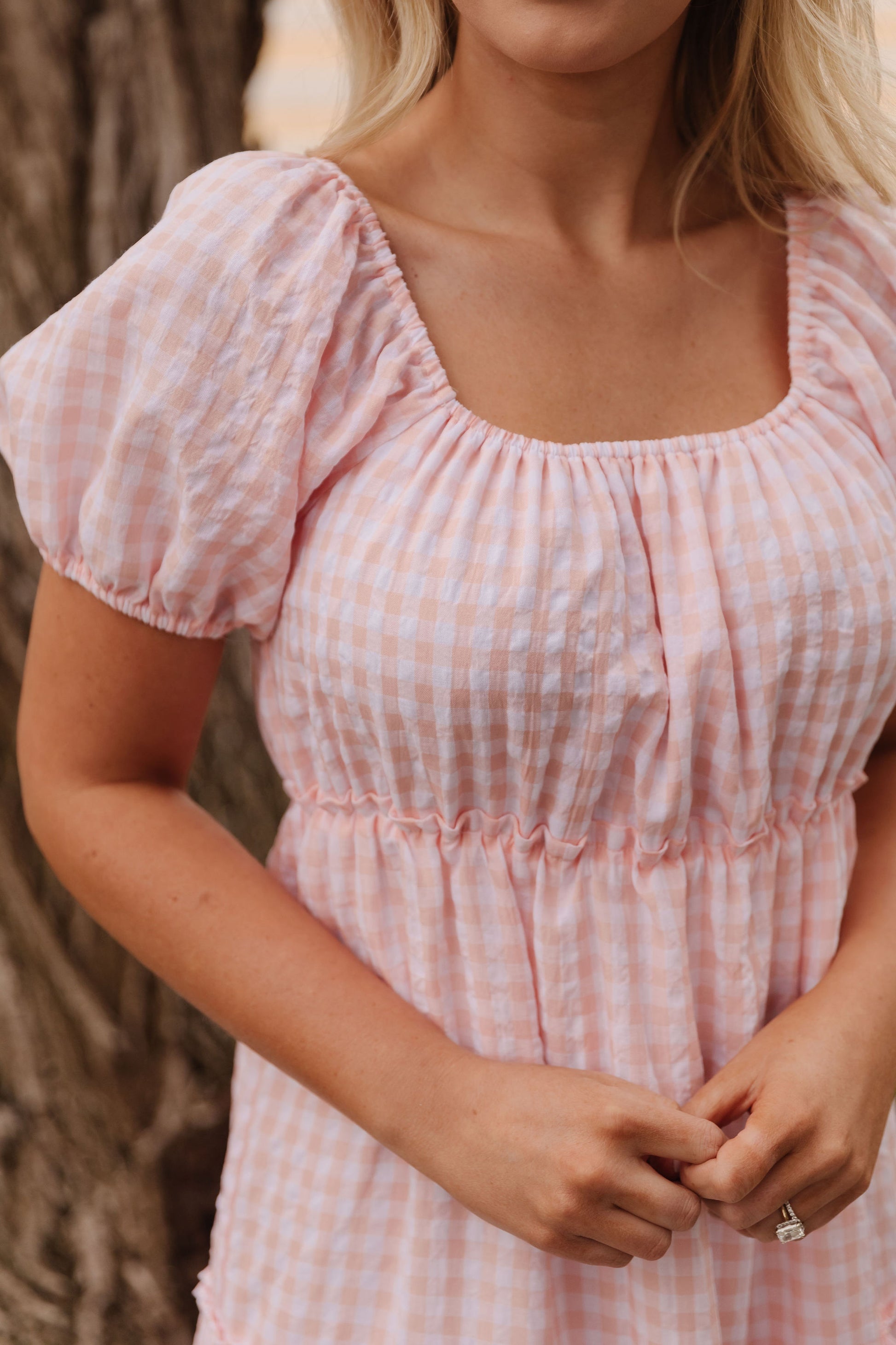 THE EVERMORE DRESS IN PEACH GINGHAM BY PINK DESERT Medium