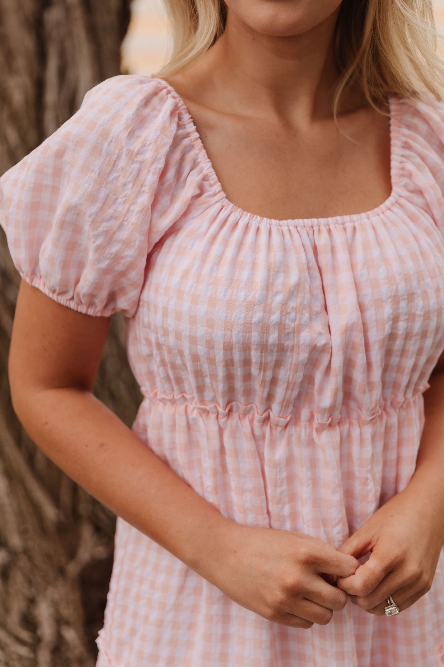 THE EVERMORE DRESS IN PEACH GINGHAM BY PINK DESERT
