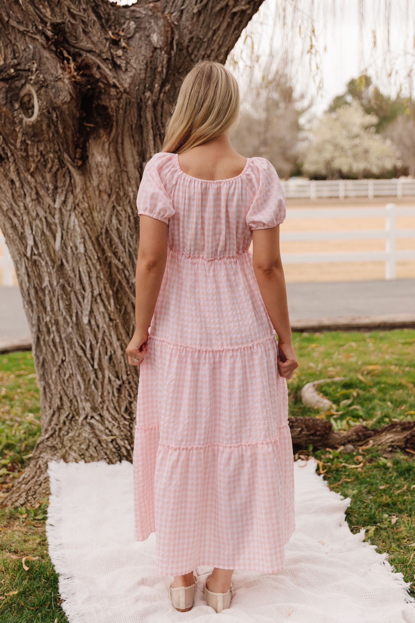 THE EVERMORE DRESS IN PEACH GINGHAM BY PINK DESERT