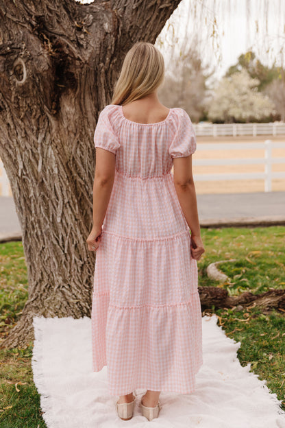 THE EVERMORE DRESS IN PEACH GINGHAM BY PINK DESERT