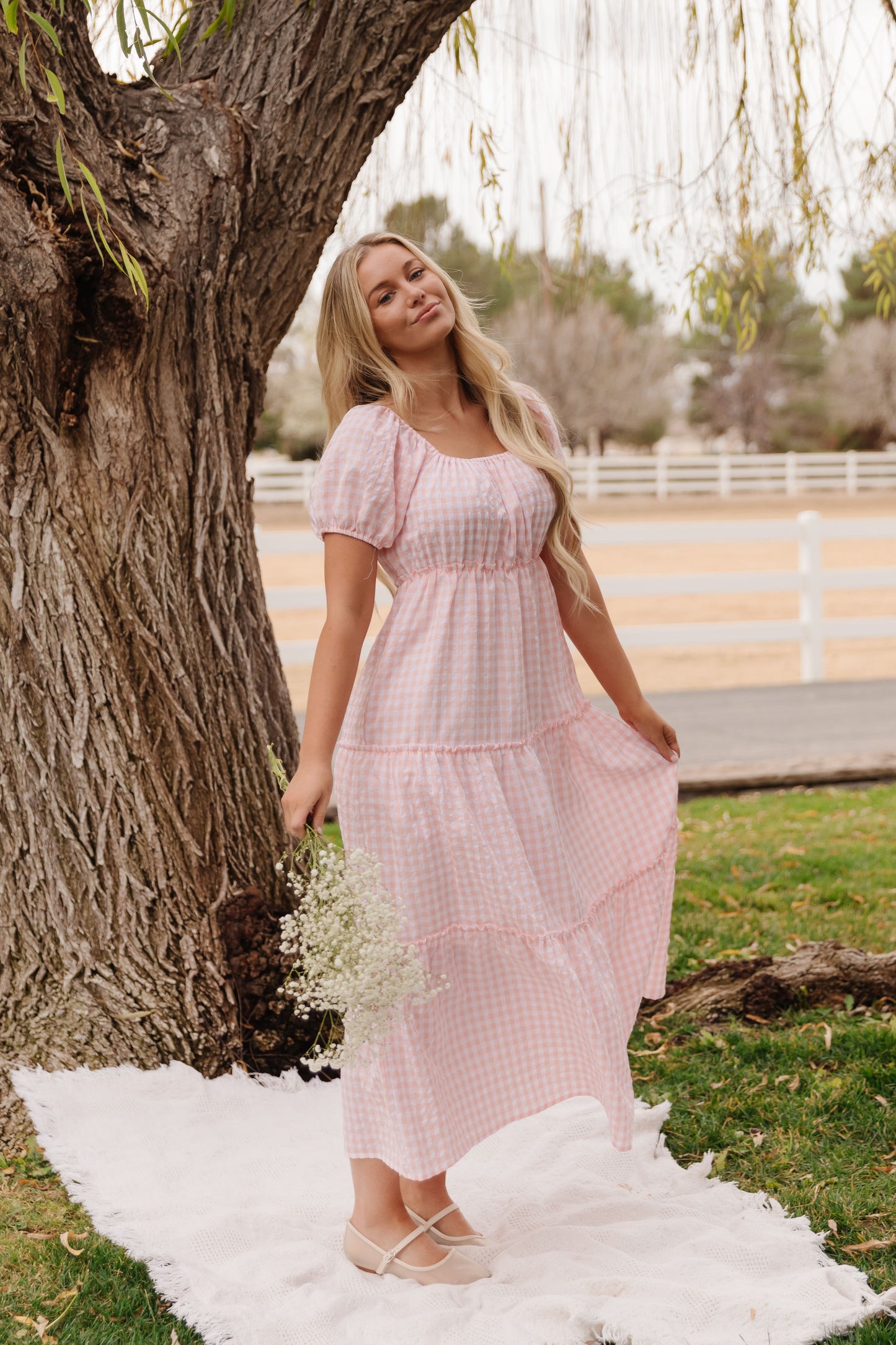 THE EVERMORE DRESS IN PEACH GINGHAM BY PINK DESERT