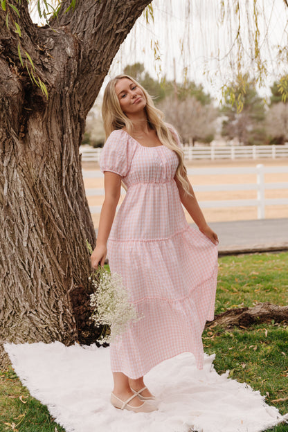 THE EVERMORE DRESS IN PEACH GINGHAM BY PINK DESERT