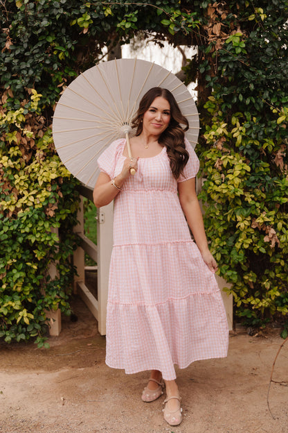 THE EVERMORE DRESS IN PEACH GINGHAM BY PINK DESERT