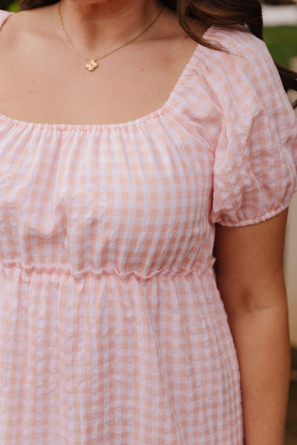 THE EVERMORE DRESS IN PEACH GINGHAM BY PINK DESERT