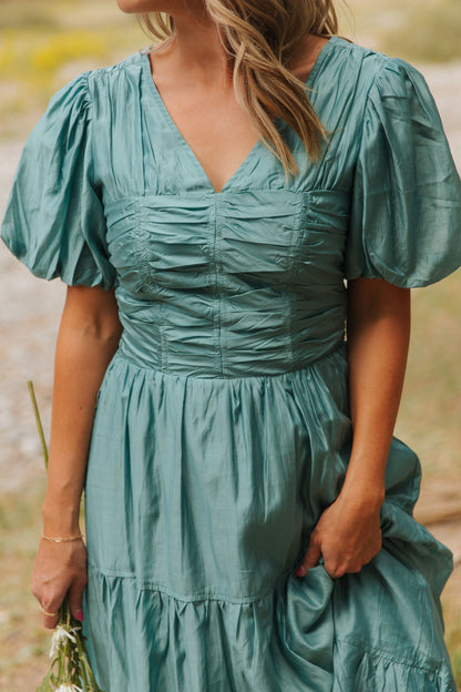 THE SISSY PUFF SLEEVE DRESS IN TEAL