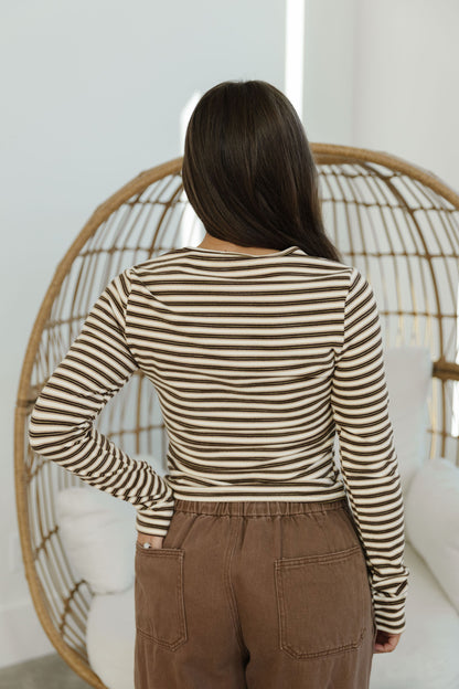 THE FARRAH STRIPED CARDIGAN IN CHOCOLATE
