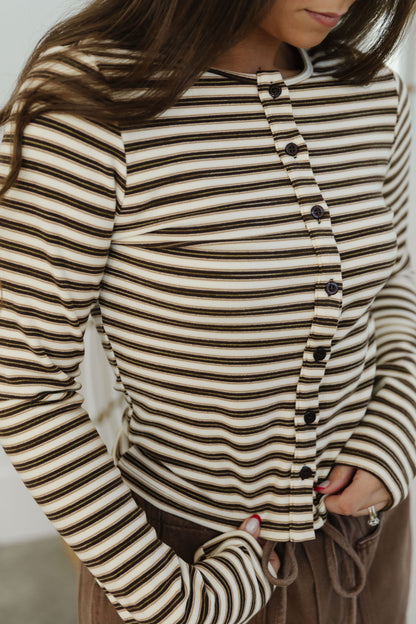 THE FARRAH STRIPED CARDIGAN IN CHOCOLATE