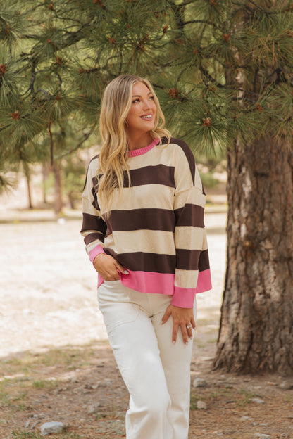 THE BRENDA COLOR BLOCK SWEATER IN BROWN/CREAM