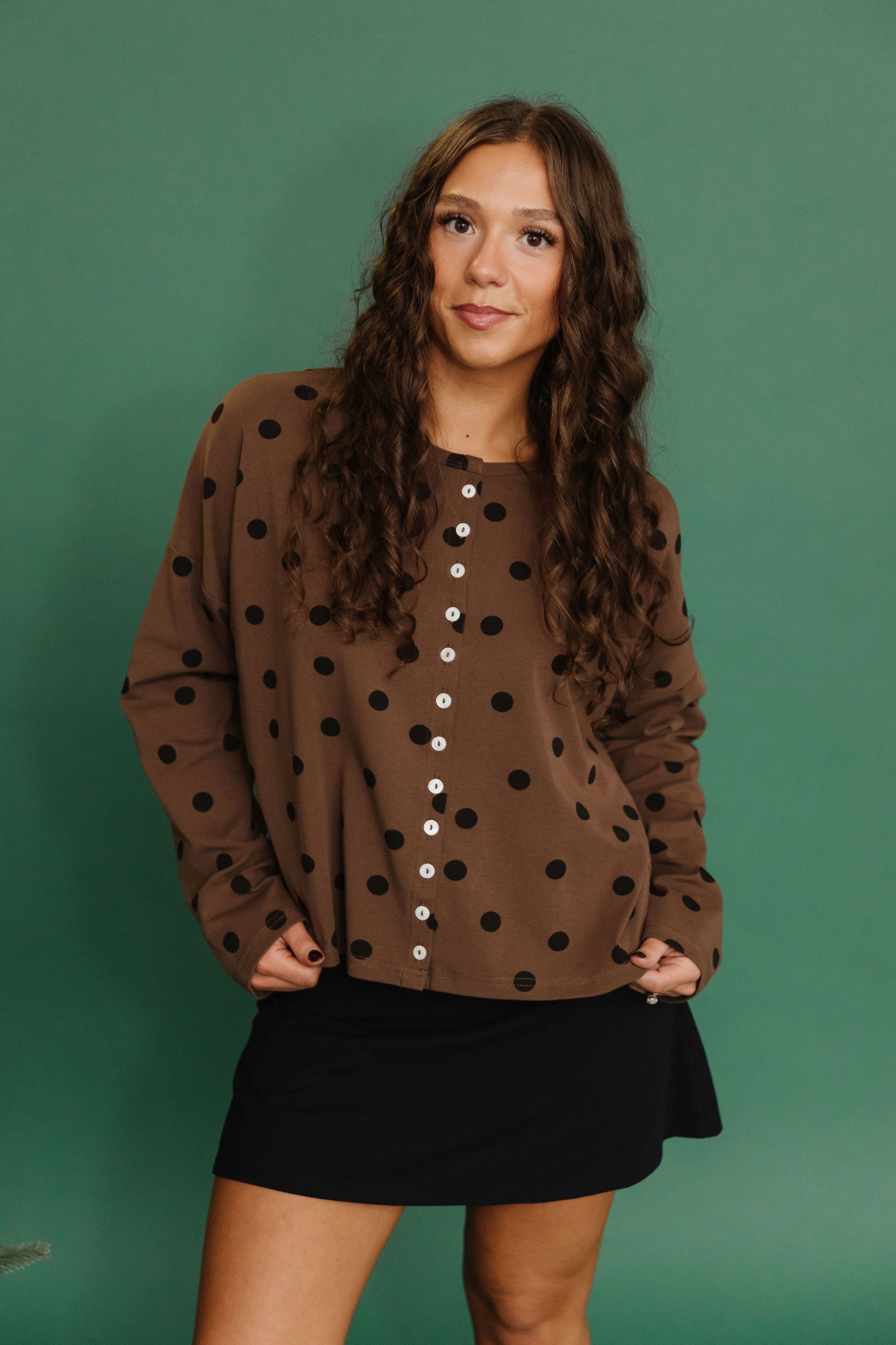 THE TAYLOR POLKA DOT CARDIGAN IN BROWN