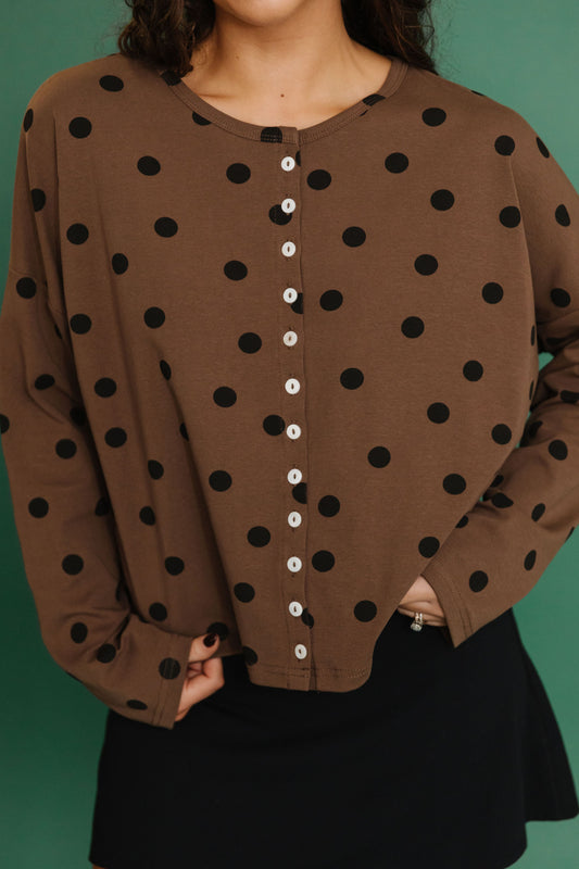 THE TAYLOR POLKA DOT CARDIGAN IN BROWN
