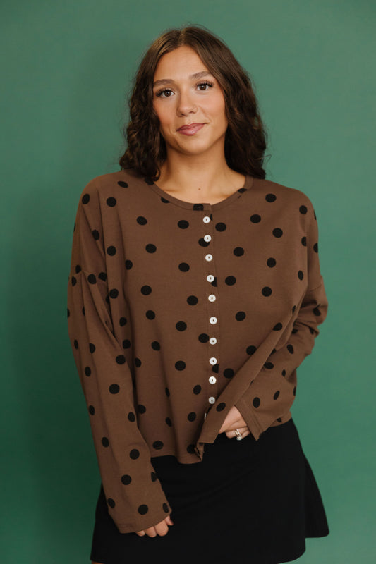 THE TAYLOR POLKA DOT CARDIGAN IN BROWN