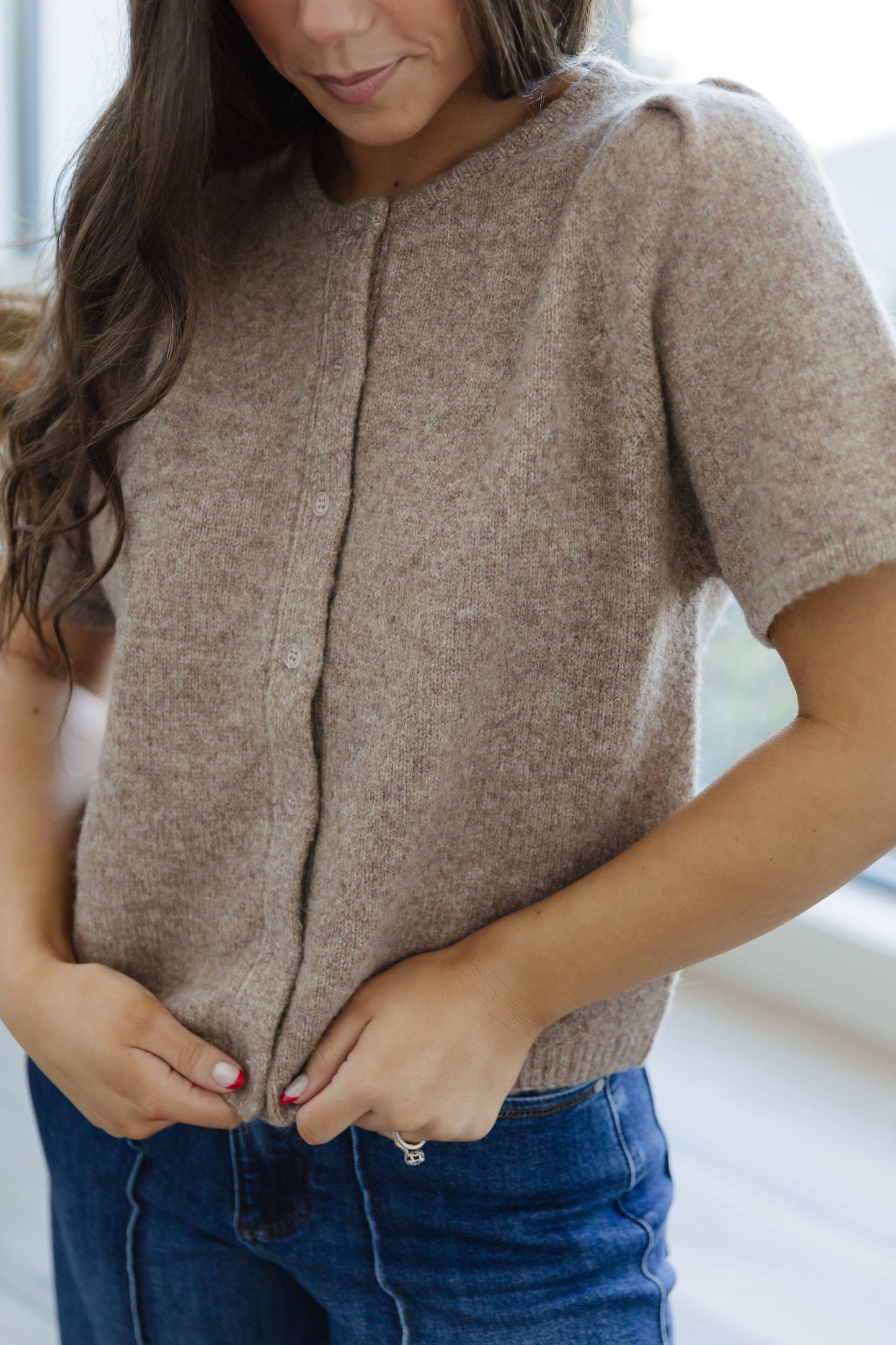 THE ASPEN SHORT SLEEVE CARDIGAN IN MOCHA