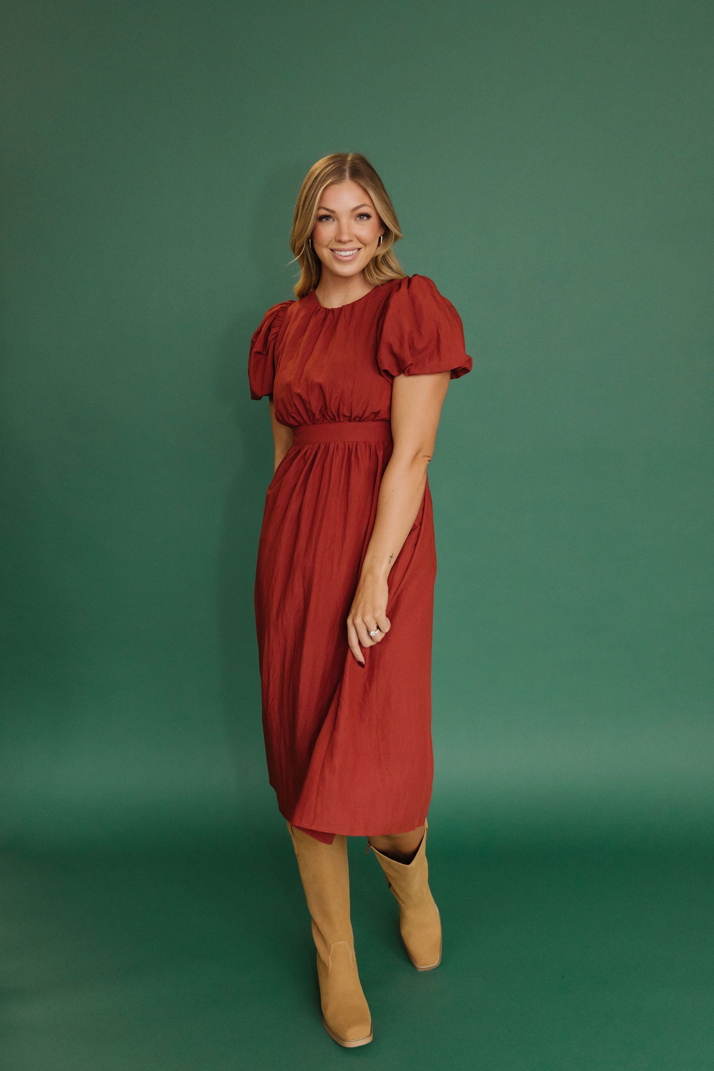THE HAZEL PUFF SLEEVE DRESS IN RUST