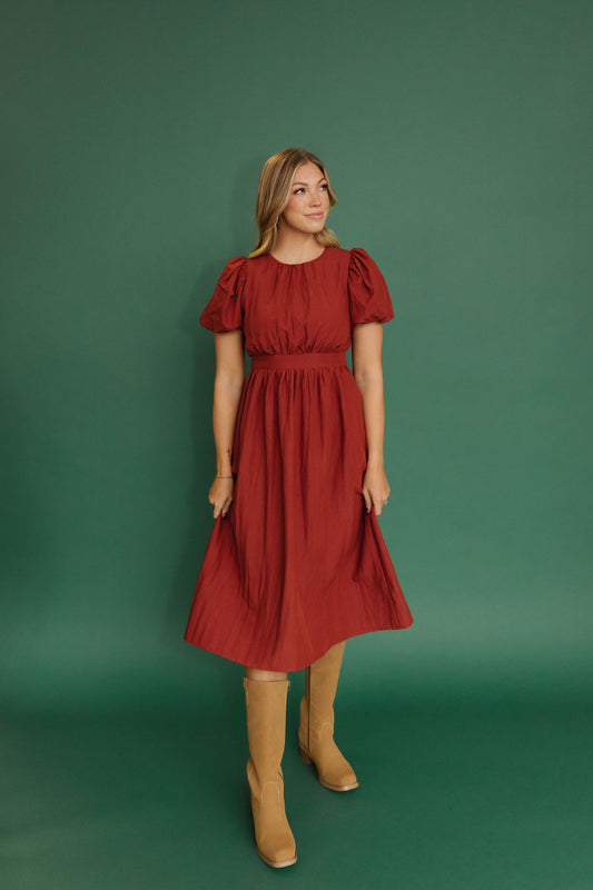 THE HAZEL PUFF SLEEVE DRESS IN RUST