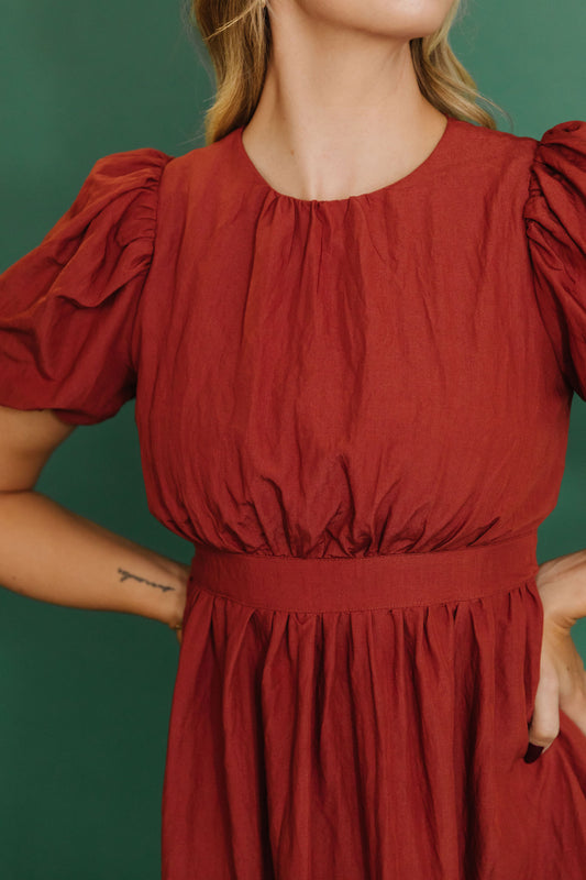 THE HAZEL PUFF SLEEVE DRESS IN RUST