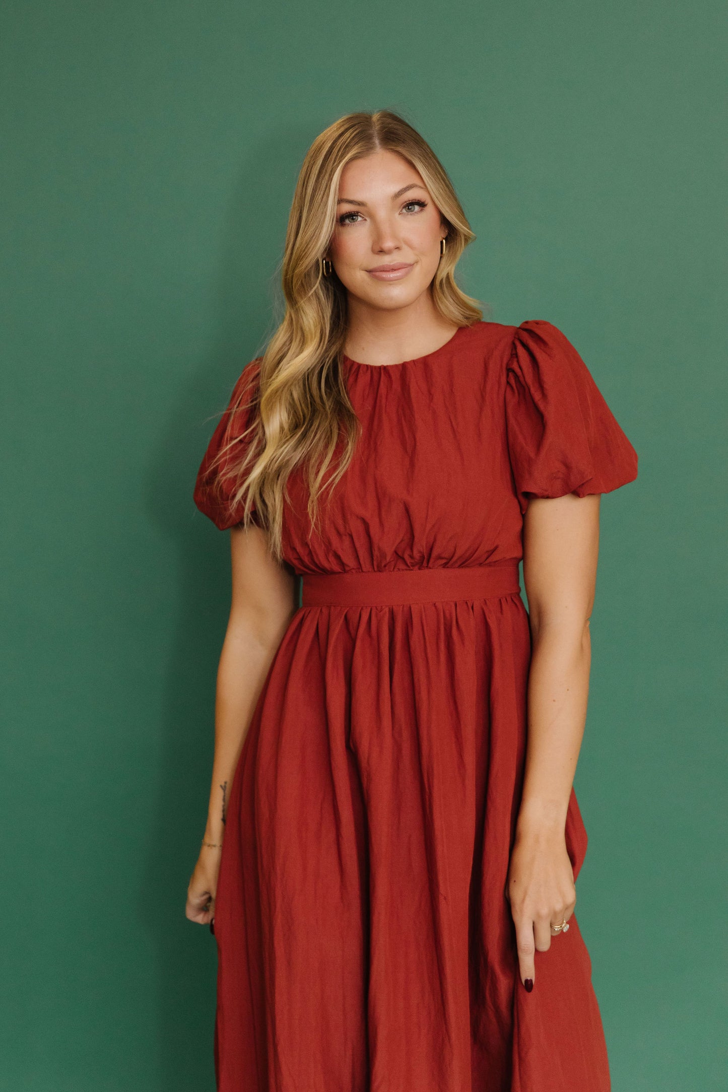 THE HAZEL PUFF SLEEVE DRESS IN RUST