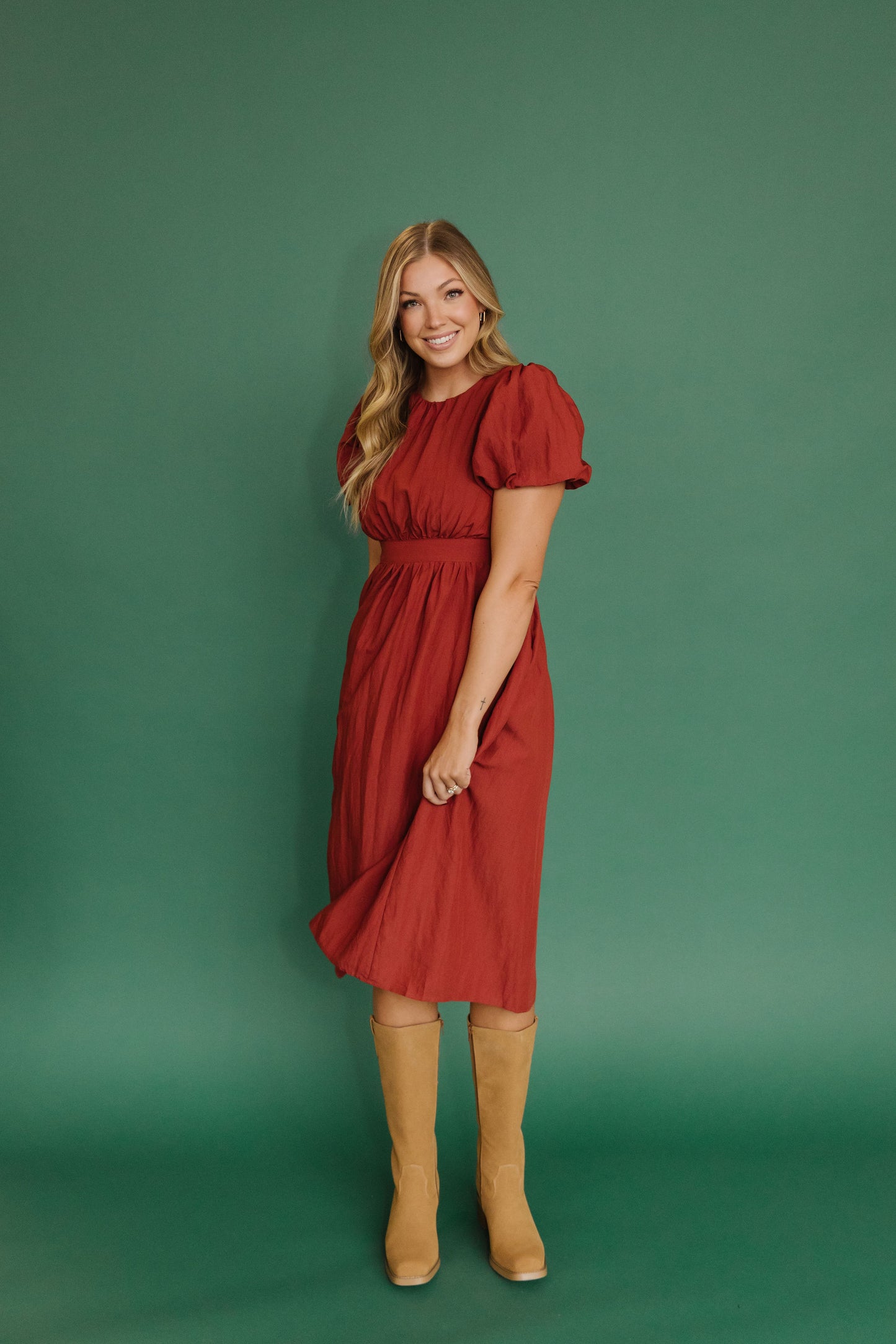 THE HAZEL PUFF SLEEVE DRESS IN RUST
