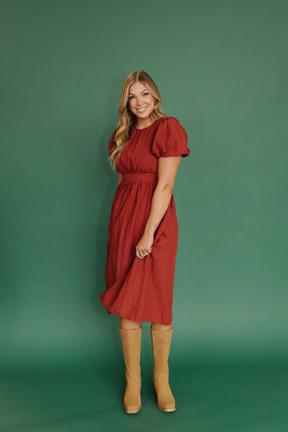 THE HAZEL PUFF SLEEVE DRESS IN RUST