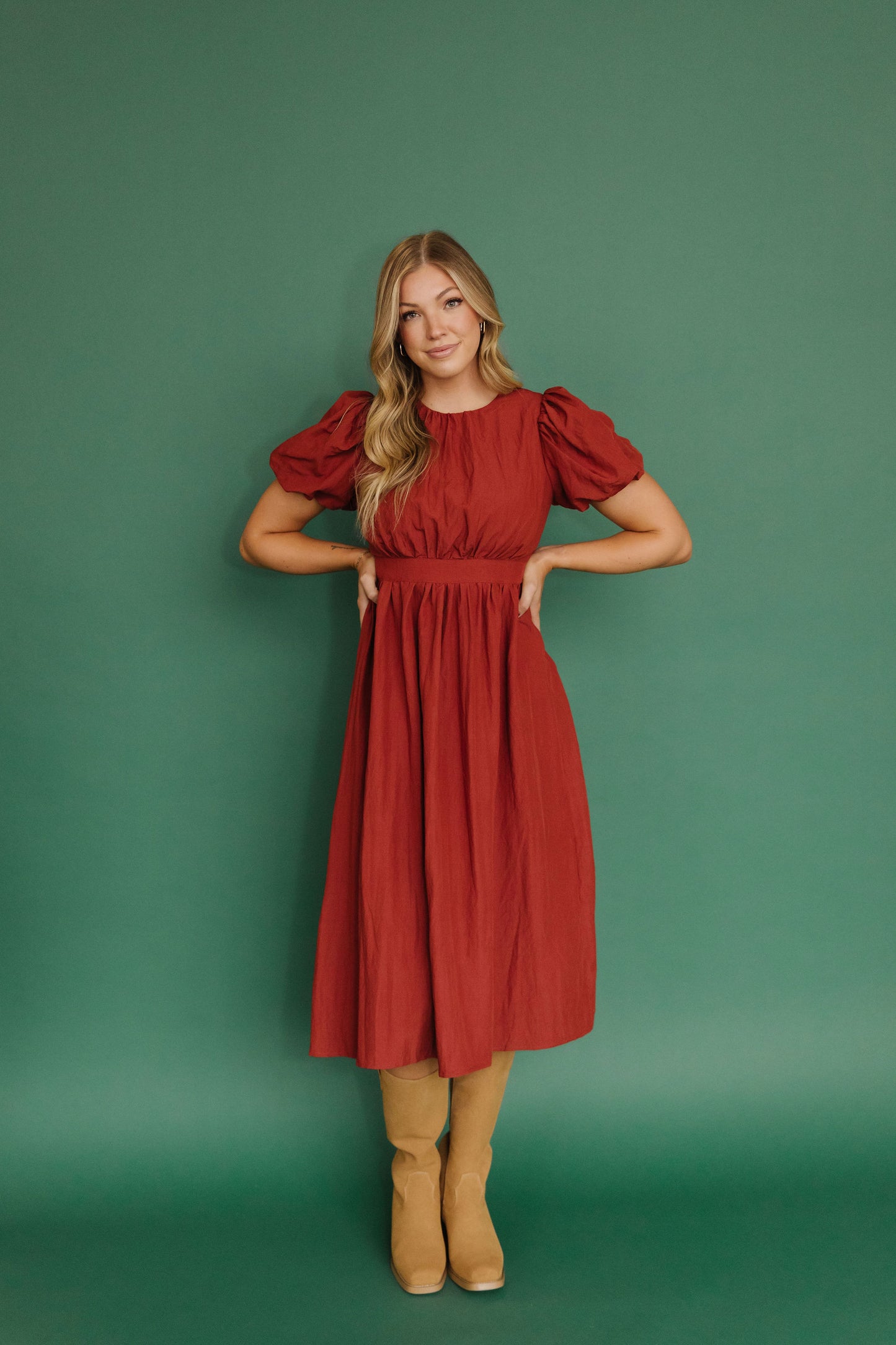 THE HAZEL PUFF SLEEVE DRESS IN RUST