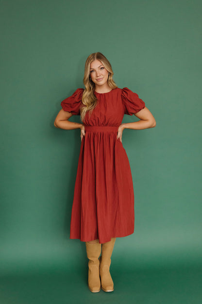 THE HAZEL PUFF SLEEVE DRESS IN RUST