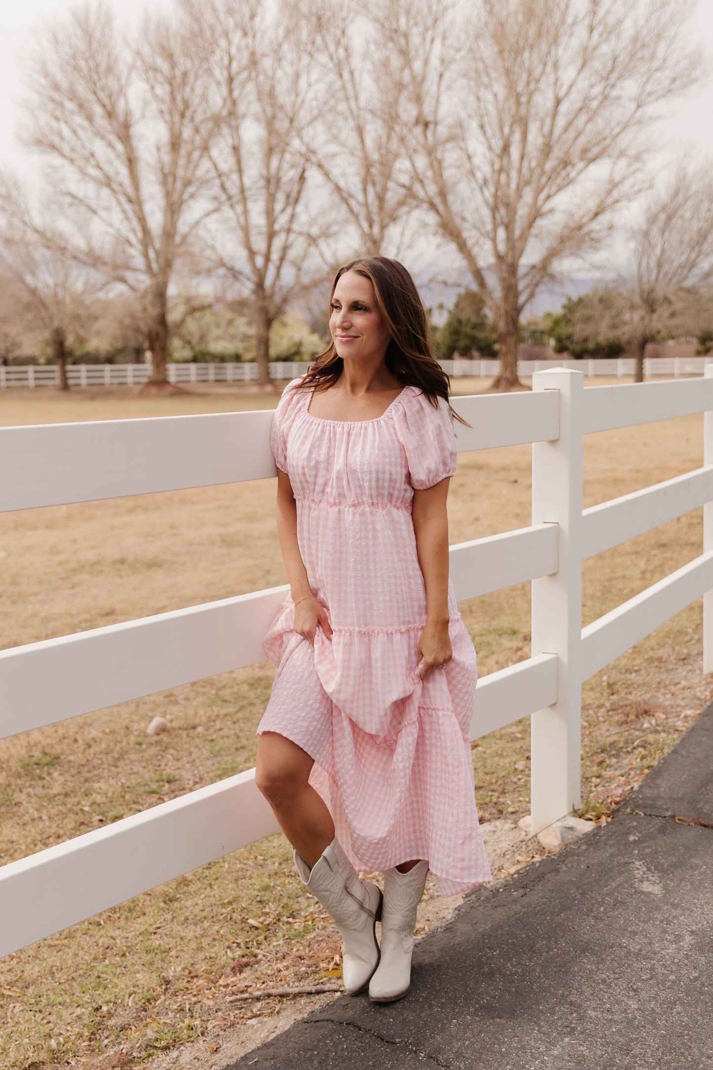 THE EVERMORE DRESS IN PEACH GINGHAM BY PINK DESERT