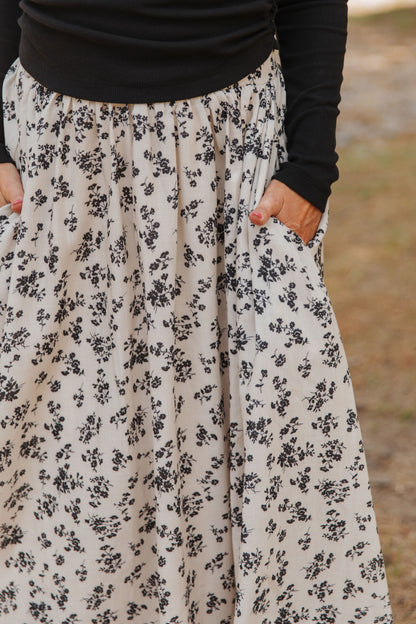 THE ILA FLORAL MIDI SKIRT IN CREAM