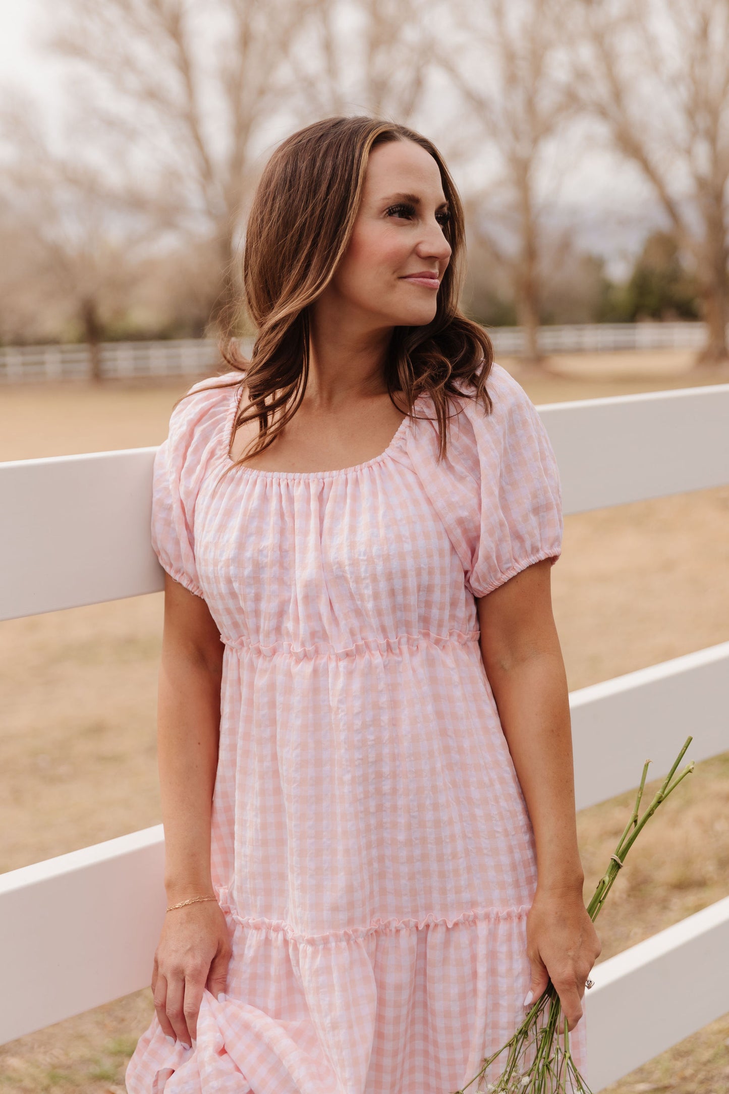THE EVERMORE DRESS IN PEACH GINGHAM BY PINK DESERT