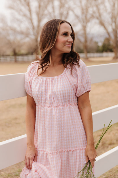 THE EVERMORE DRESS IN PEACH GINGHAM BY PINK DESERT