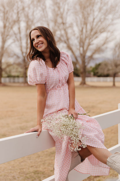 THE EVERMORE DRESS IN PEACH GINGHAM BY PINK DESERT