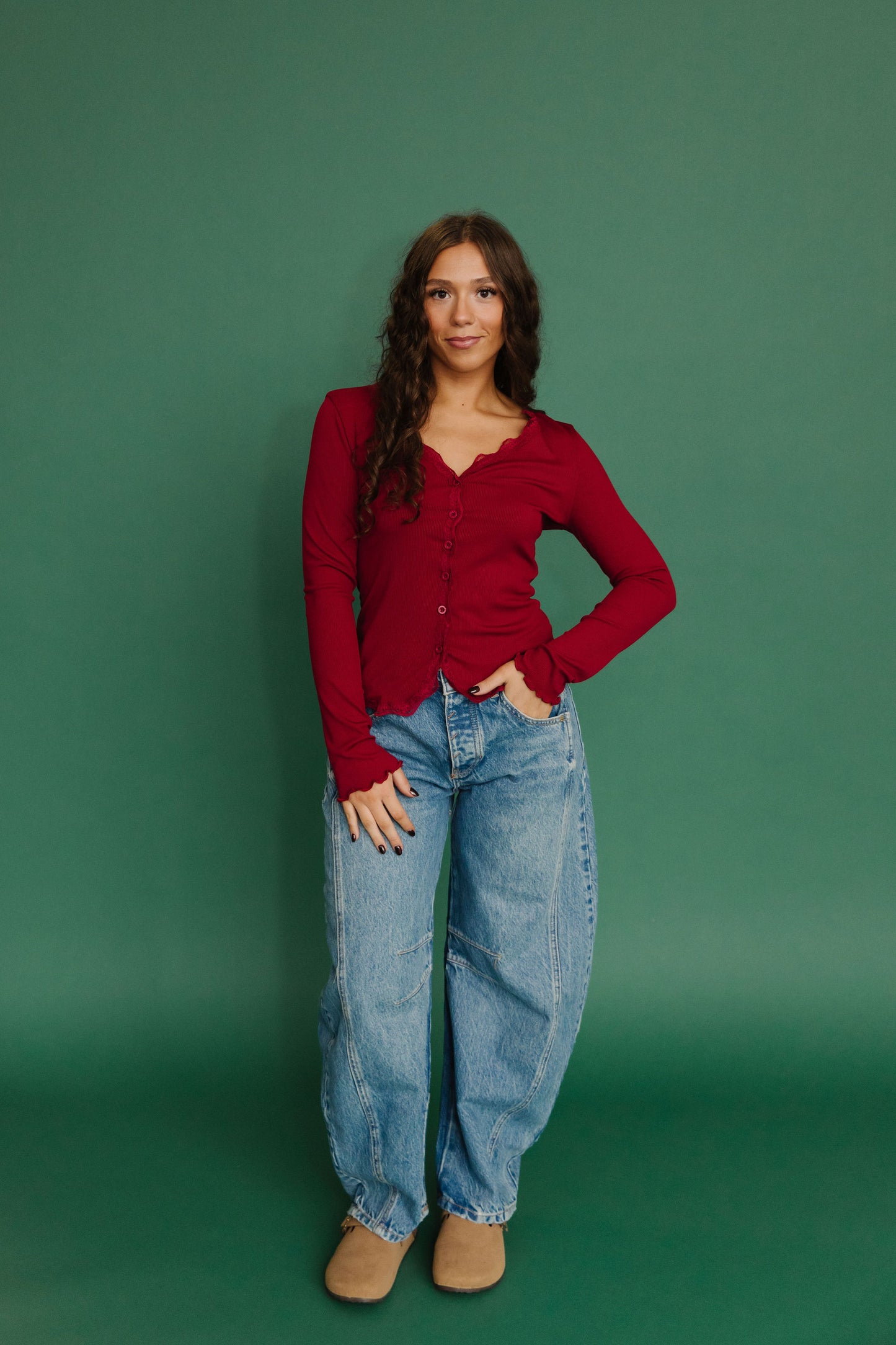 THE ALAINA LACE TRIM BUTTON DOWN IN RED