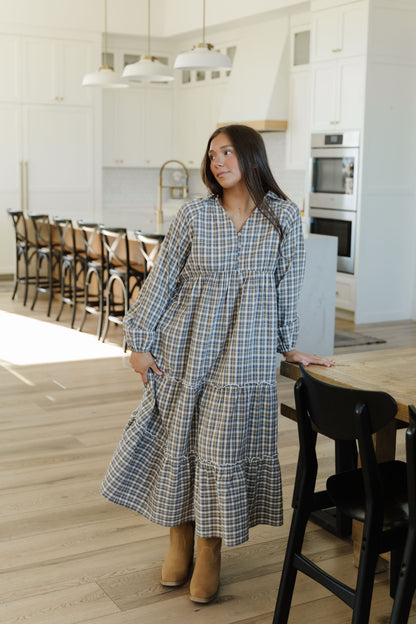 THE JANELLE PLAID MAXI DRESS IN GRAY