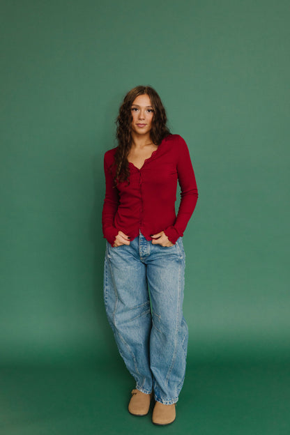 THE ALAINA LACE TRIM BUTTON DOWN IN RED