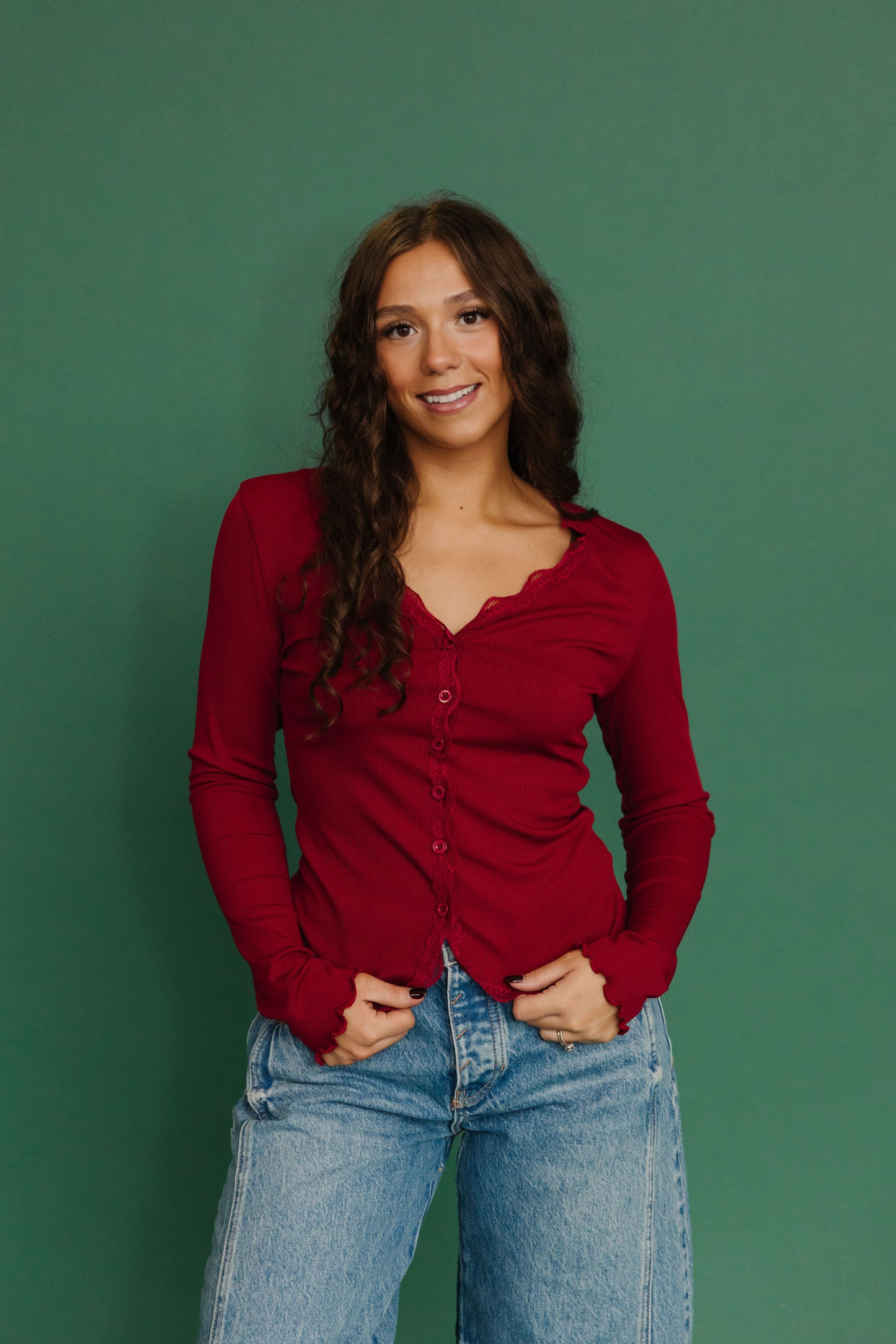 THE ALAINA LACE TRIM BUTTON DOWN IN RED