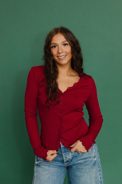 THE ALAINA LACE TRIM BUTTON DOWN IN RED