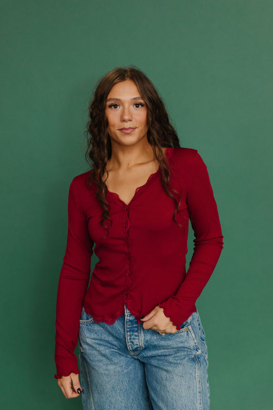 THE ALAINA LACE TRIM BUTTON DOWN IN RED