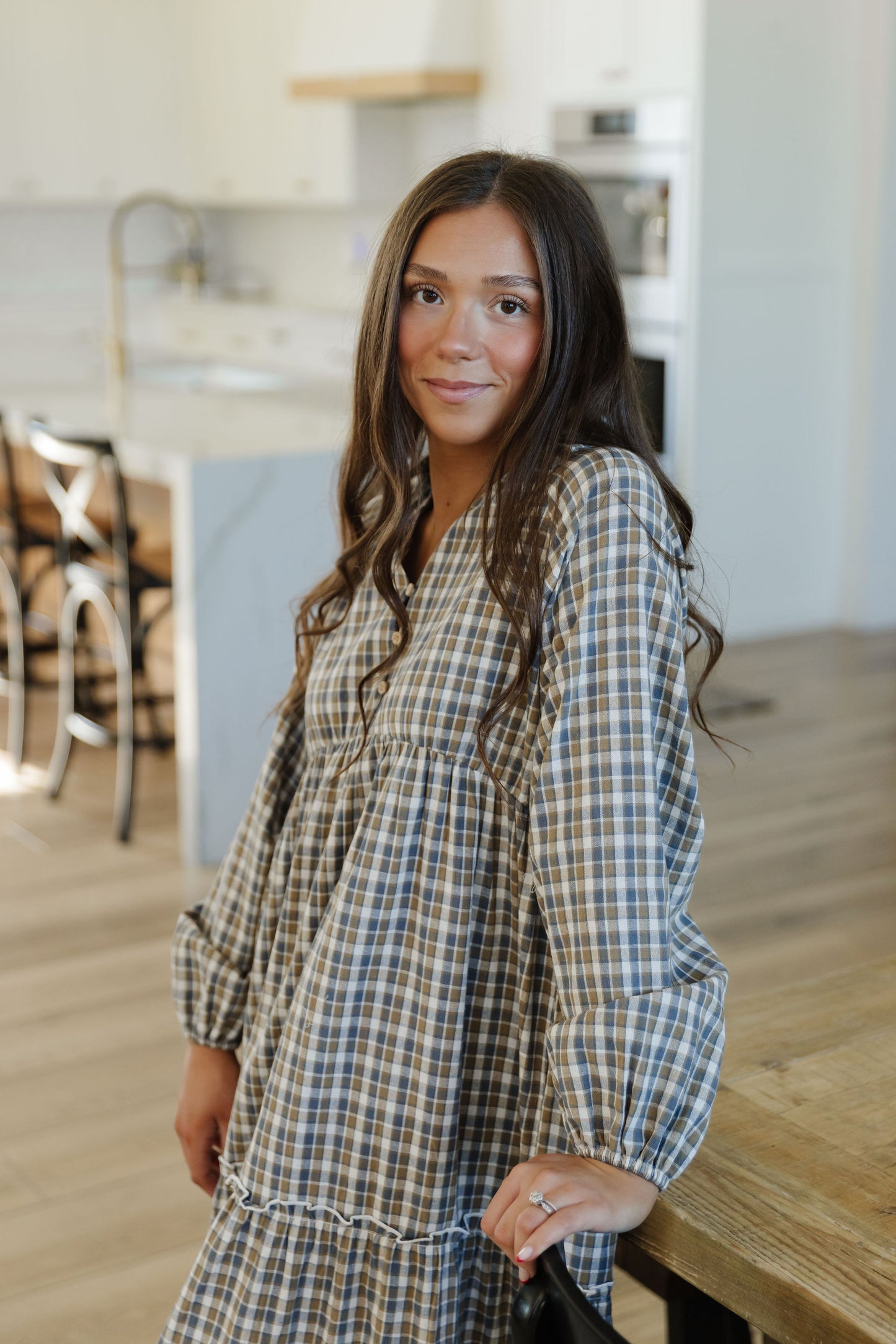 THE JANELLE PLAID MAXI DRESS IN GRAY