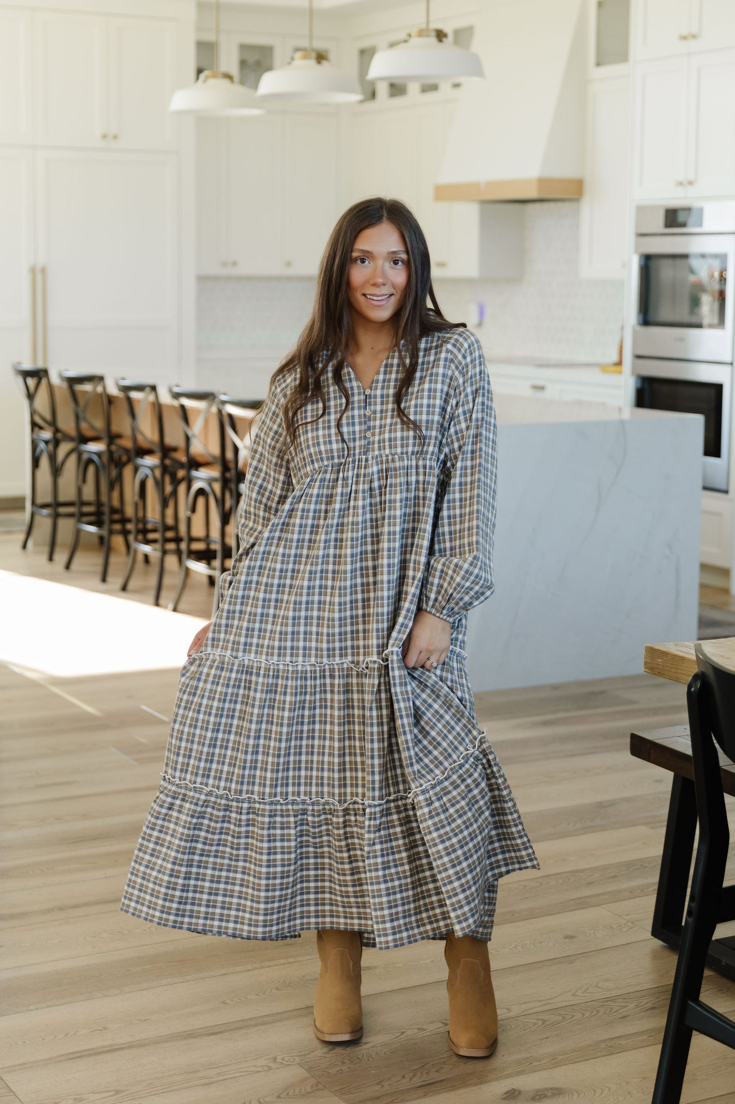THE JANELLE PLAID MAXI DRESS IN GRAY