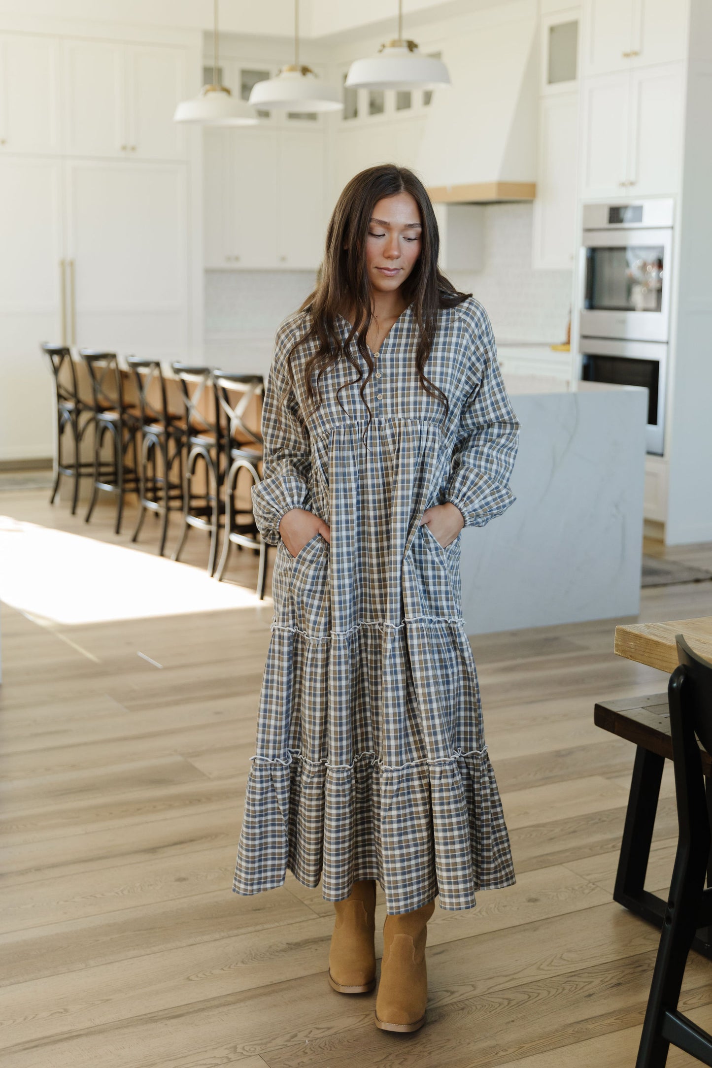 THE JANELLE PLAID MAXI DRESS IN GRAY