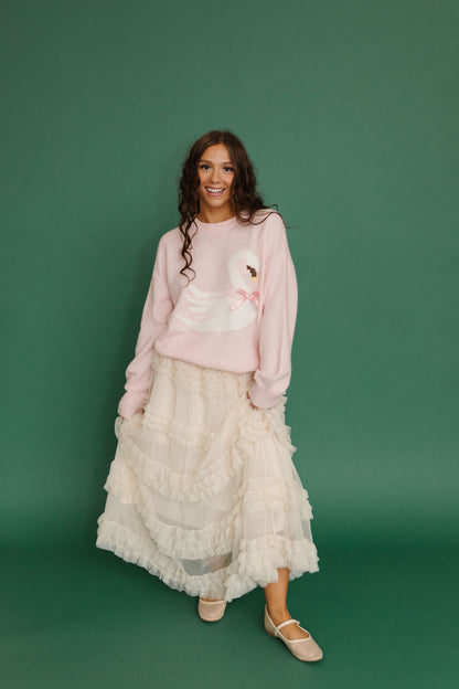 THE SWAN BOW GRAPHIC KNIT SWEATER IN PINK
