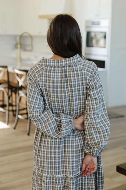 THE JANELLE PLAID MAXI DRESS IN GRAY