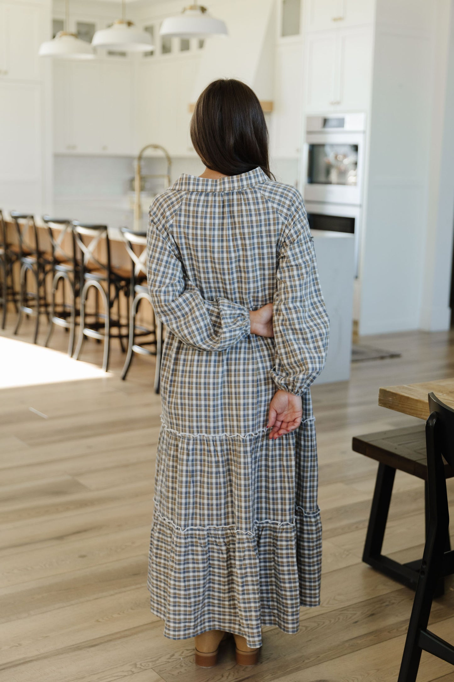 THE JANELLE PLAID MAXI DRESS IN GRAY