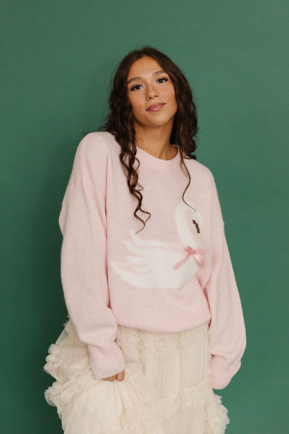 THE SWAN BOW GRAPHIC KNIT SWEATER IN PINK