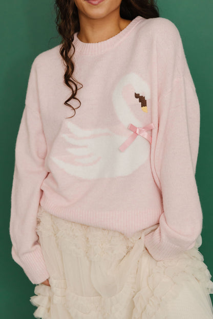 THE SWAN BOW GRAPHIC KNIT SWEATER IN PINK