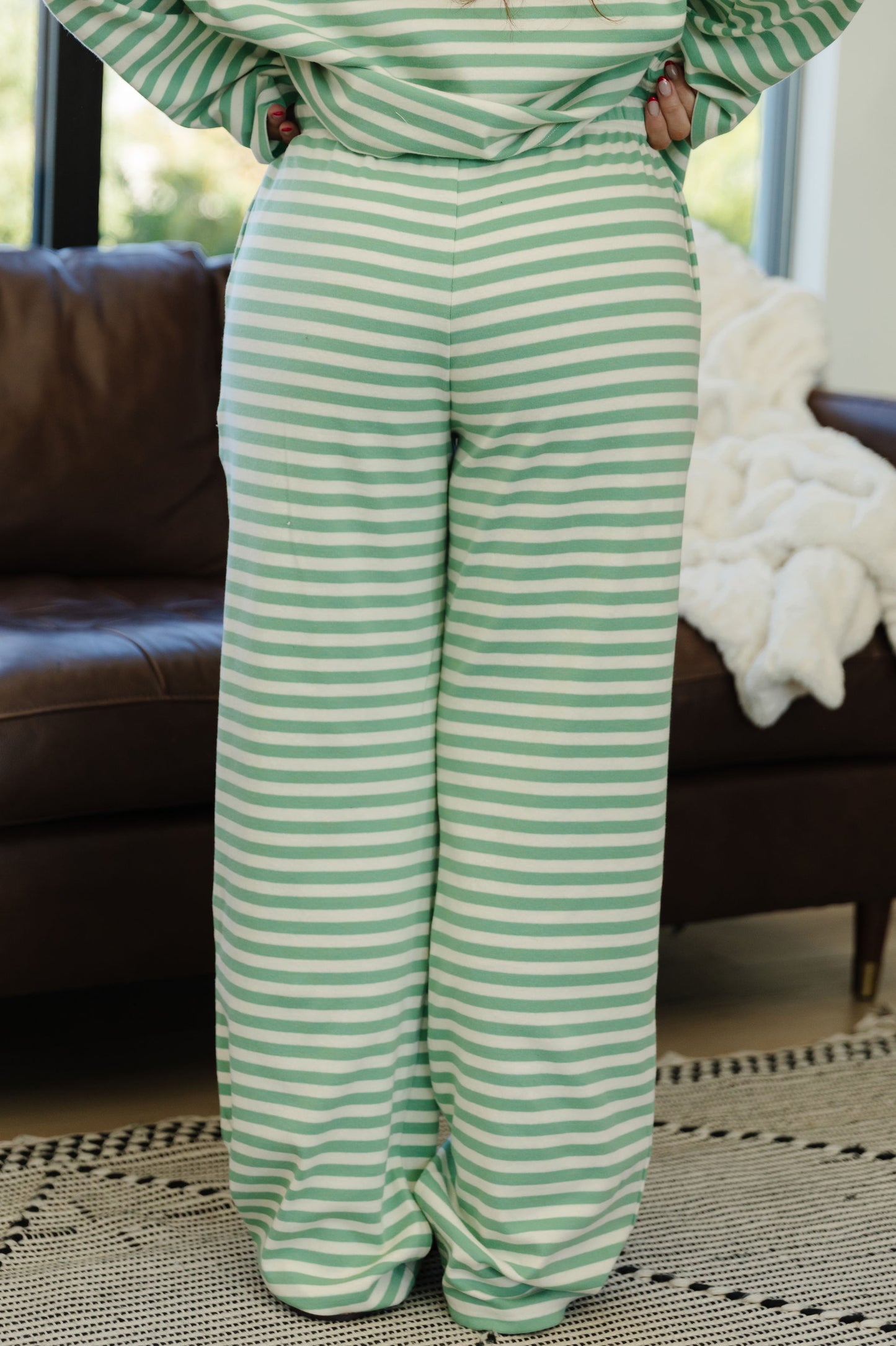 THE AVA STRIPED LOUNGE SET IN GREEN AND IVORY