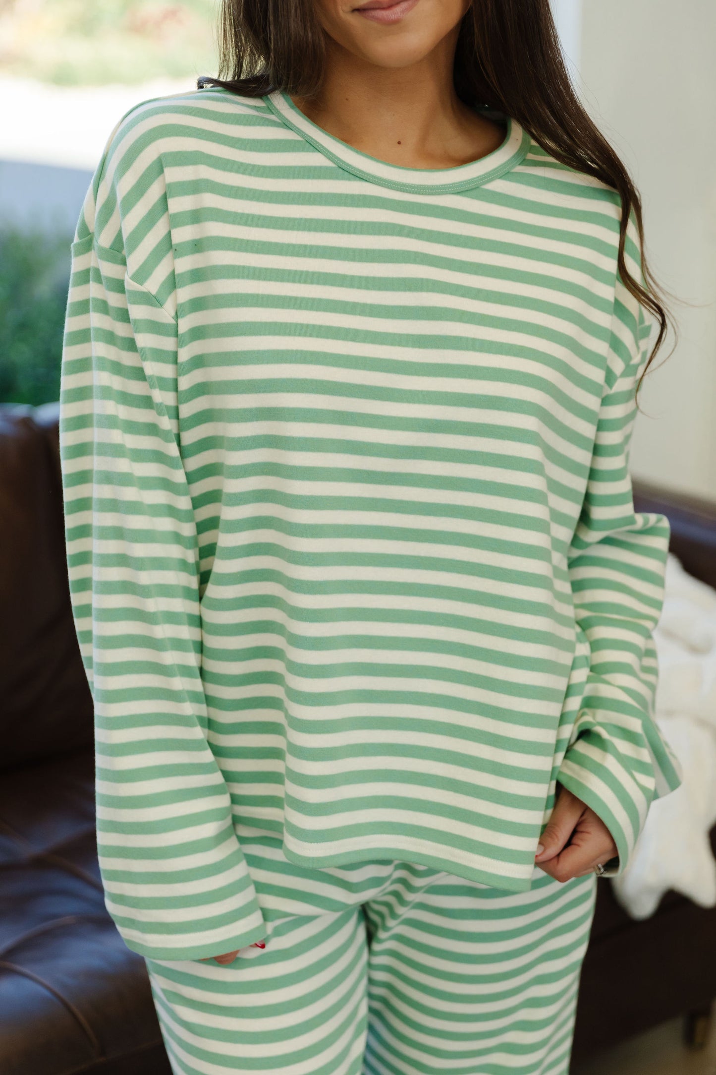 THE AVA STRIPED LOUNGE SET IN GREEN AND IVORY