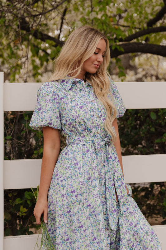 lavender bloom midi dress Lavender Bloom Gathered Midi Dress