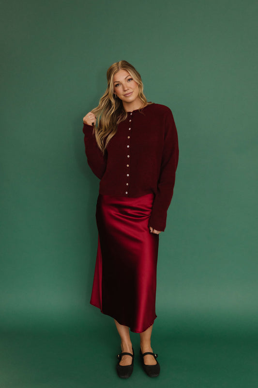 THE ANISTON SATIN SKIRT IN WINE RED