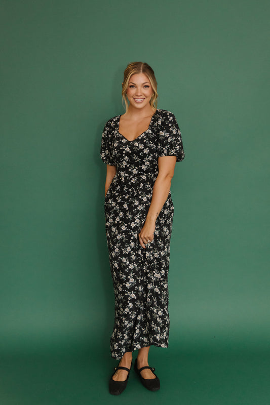 THE EMMY LOU DRESS IN BLACK FLORAL BY PINK DESERT