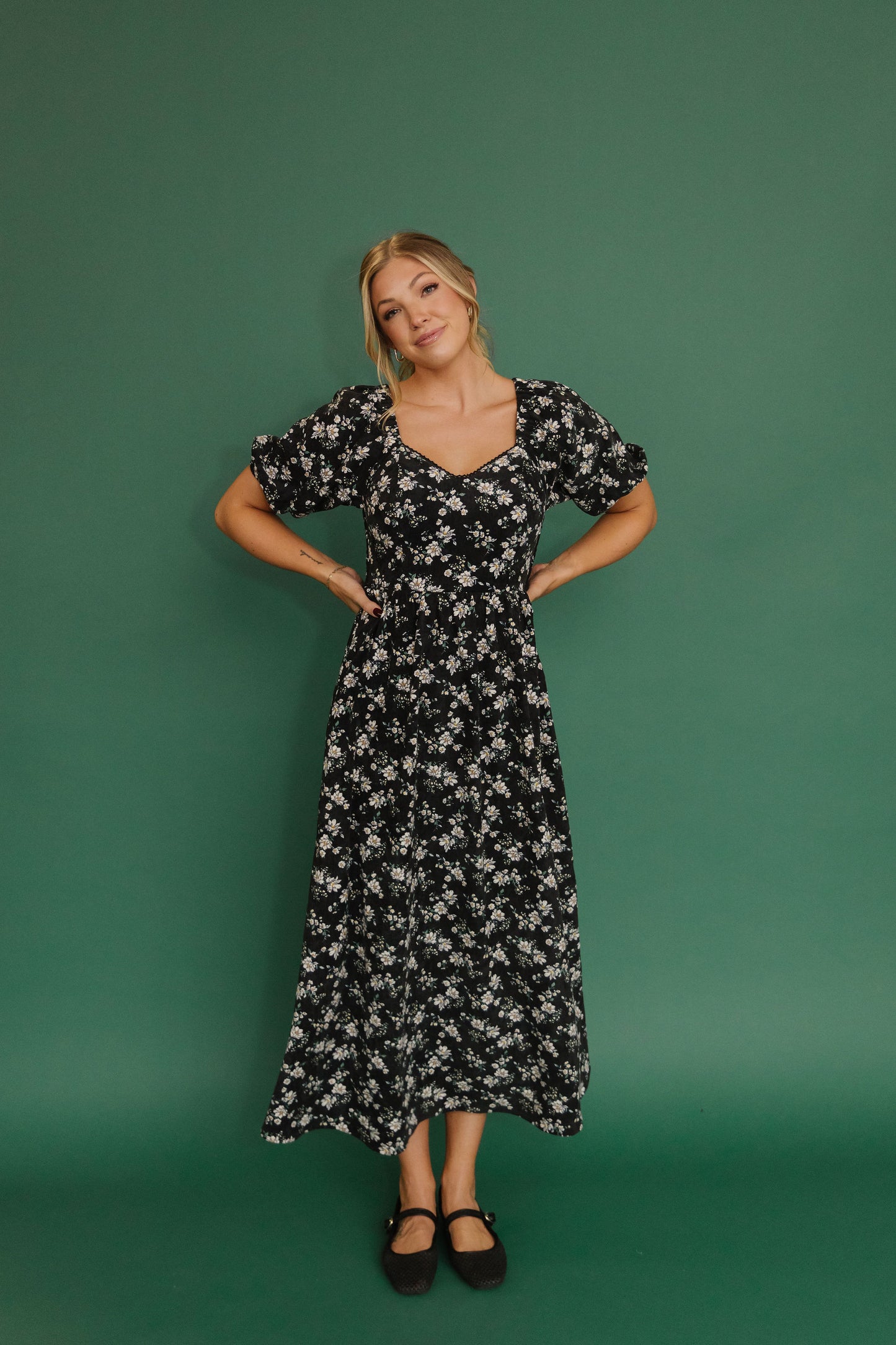 THE EMMY LOU DRESS IN BLACK FLORAL BY PINK DESERT
